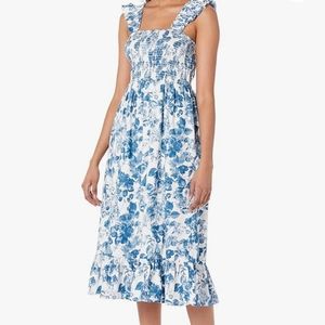 The Drop Blue & White Floral Kimi Ruffled-Shoulder Smocked Midi Dress